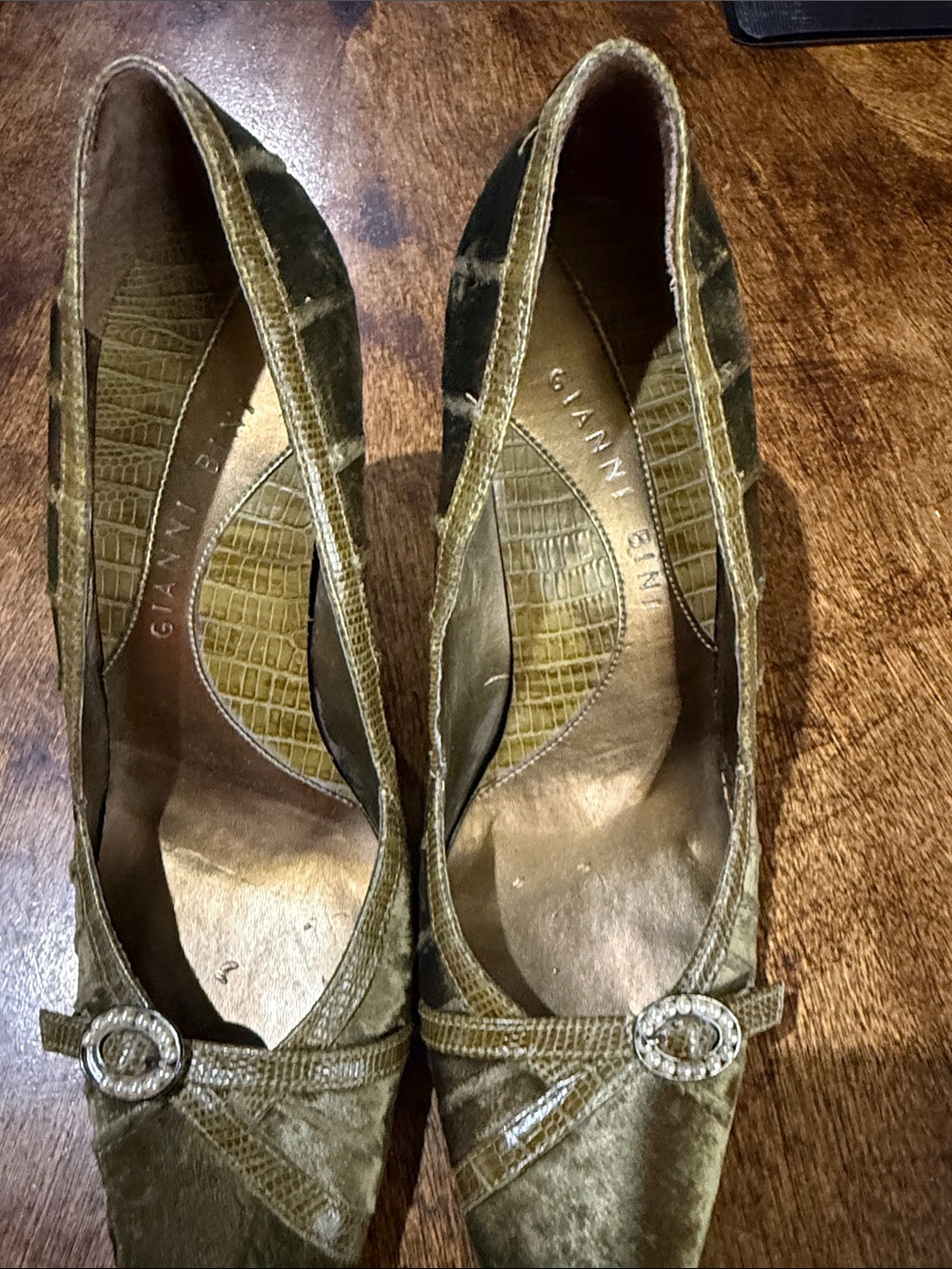 Gianni Bini Olive Velvet Pointed Toe Pumps with Rhinestone Buckle